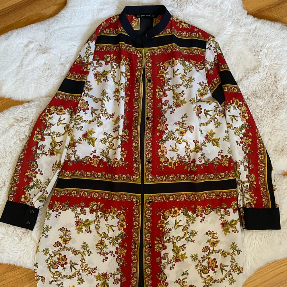 Zara Red Black White Gold Versace Inspired Ornate Button Up Tunic Chiffon Top